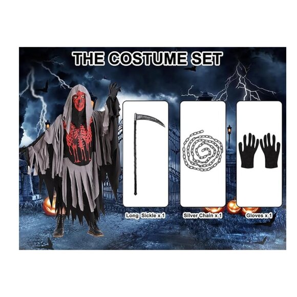 Grim Reaper Children's Halloween Costume Set with Waist Chain and Toy Scythe - Picture 2 of 10
